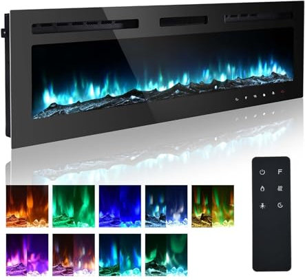 M.C.Haus Ultra-Thin Electric Fireplace Low Noise, 12 Variable & Breath Colors Flame, Recessed Wall Mounted Free Standing, Touch Screen & Remote Control, Crystal & Log Set(178cm/70inch)