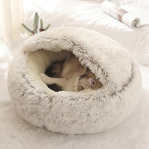Katzenbett, Höhle, rund, weiches Plüsch, mit Kapuze, Donut, flauschiges Haustier-Schlafbett, selbstwärmendes Kuschelkissen für den Innenbereich, kleine, mittelgroße Hunde und Katzen, 60 x 60 cm