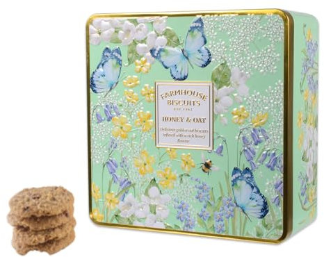 Farmhouse® | Biscotti Inglesi Avena e Miel in Latta Metallo | Biscotti Inglesi - 250 Gr | Scatola Biscotti Latta Decori Rilievo