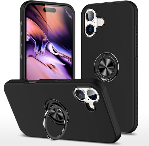 EYZUTAK Case for iPhone 16, 360 Degree Rotation Magnetic Metal Finger Ring Holder Magnet Car Holder Inner Silicone with Camera Protection Glossy Anti-drop Hard Cover - Black