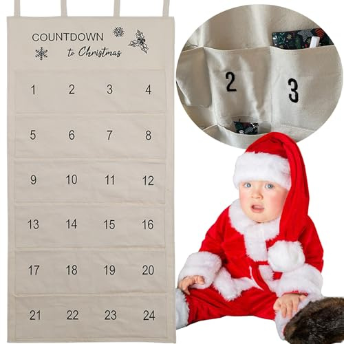 OIOYLEY Adventskalender 2024 als Wandkalender aus Stoff, Weihnachtskalender Adventskalender zum Aufhängen Weihnachtsdeko Party Favors, mit 24 Taschen, Wiederverwendbarer Wandteppich Set (Weiß)