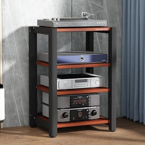 Supporto stereo a 4 livelli con contenitore in vinile e mensola angolare mobile per giradischi e componenti di intrattenimento, ideale per configurazioni di gioco, finitura teak (60 x 50 x 85 cm)