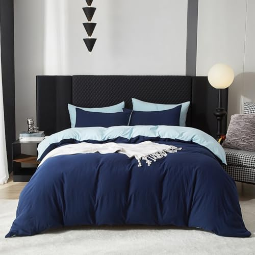 Gezu Bettwäsche 135x200cm Baumwolle Blau Hellblau 2 Teilig Leinenfarbe Einzelbett Bettwäsche Set Weiche Baumwollgefühl Wende Bettwäsche Bettbezug 135x200 und Kissenbezüge 80x80 mit Reissverschluss