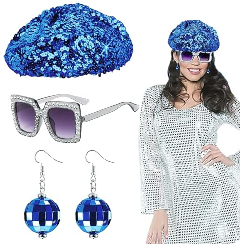 EUPSIIU 3 Stück Disco Kostüm für Damen, 70er 80er Glitzer Accessoires mit Pailletten Baskenmützen Hut Bling Sonnenbrille Ohrringe Discokugel, Disco Zubehör Dance Kostüm für Erwachsene Karneval(Blau)