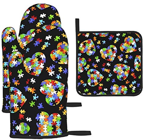 Set di puzzle a forma di cuore, guanti da forno resistenti al calore e presine, 3 presine da cucina per cuocere, grigliare, grigliare