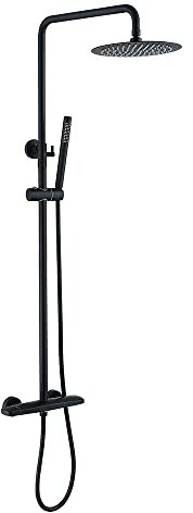 Colonne de douche avec pomme de douche de 25,4 cm et valve thermostatique apparente réglable en hauteur 2 fixations fonctionnelles en noir mat