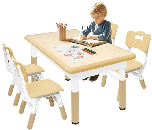 Eldzenith Kindersitzgruppe, HöHenverstellbar Kindertisch mit 4 StüHlen, Kinder Tisch Stuhl Set für Kinder Im Alter Von 2-10 Jahren, Plastic Kinderstuhl und Tisch, 100kg TragfäHigkeit, Naturholzfarbe