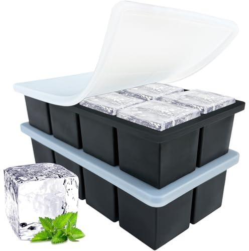 Large Ice Cube Tray for Whiskey: 2inch Large Square Ice Grid Big Silicone Ice Trays - 2Pack Silicone Old Fashioned Ice Cube Trays - 2inch Huge Cubed Ice Trays for Whiskey, Cocktails & Drinks