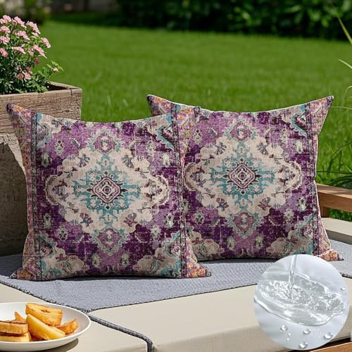 Vorysum 2er Set Outdoor Kissen Wetterfest 50x50 cm Lila Boho Dekokissen Sommer Kissenbezüge Vintage Kissenhülle Sofakissen für Wohnzimmer Schlafzimmer Garten Dekorative