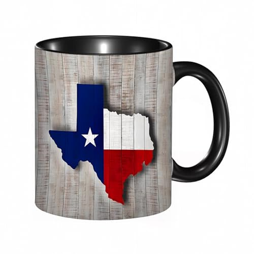 HRRASFAZF Tasse à Café | Tasse Céramique Fine | Cadeau Original | 330ml | Mug avec Anse | Cadeau Original pour Homme et Femme | Image détaillée et colorée de la carte et du drapeau du Texas sur du bé