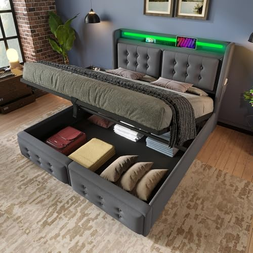 Kayan Polsterbett 140x200cm, Doppelbett mit Stauraum und Lattenrost, LED Kopfteil mit USB Ladefunktion, Stauraumbett Funktionsbetten Rückenlehne Bettgestell, Baumwolle (Grau 1, 140x200cm)