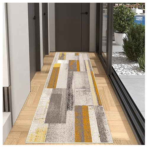 BORKOY Tappeto Passatoia 2 metri Giallo Antiscivolo Cucina e Corridoio - Lavabile, Morbido Pelo Corto, Motivo AGeometrico Perfetto per Scale, Camera da Letto, Entrata Bagno e Zona Pranzo 60x200cm
