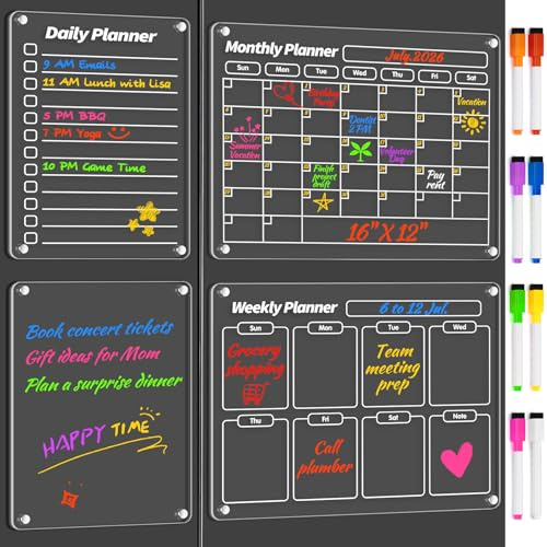 FINDMAG 4 Pack Acrylic Calendar for Fridge, 2026 Magnetic Calendar for Refrigerator, 16x12 Dry Erase Whiteboard Planning Board Monthly Weekly Wall Fridge Calendar Board Menu Planner with 8 Markers