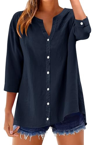 LOMON 3/4 Sleeve Button Down Blouses Cotton Short Sleeve Shirts V Neck Casual Loose Guaze Tops Navy Blue L