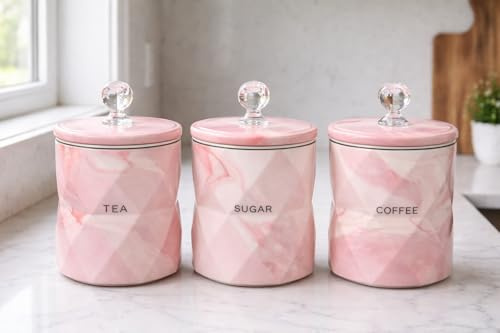 BMLIMITED BML Tea Coffee Sugar Canister Marble Effect Kitchen Storage Jars with Airtight Crystal Lids Modern Countertop Containers Gift Set