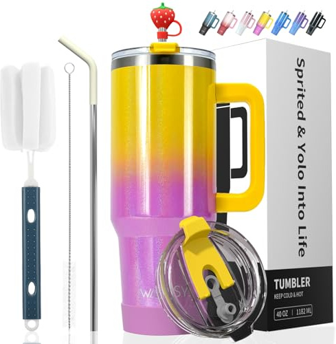 WATERSY Travel Mug Coffee Cup 40oz Tumbler Straw Lid and Handle, Stainless Steel Double Wall Vacuum Insulated Coffee Water Bottle Thermal for Cold Hot Coffee 1182ml Shiny Yellow