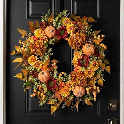 Herbst Erntedekoration Türkranz (45cm) mit Kürbissen, Beeren & Hortensien - Rattanbasis, Seidenblätter & Kunststoff-Früchte für Erntedankfest, Herbstfest, Thanksgiving Dekor (Orange)