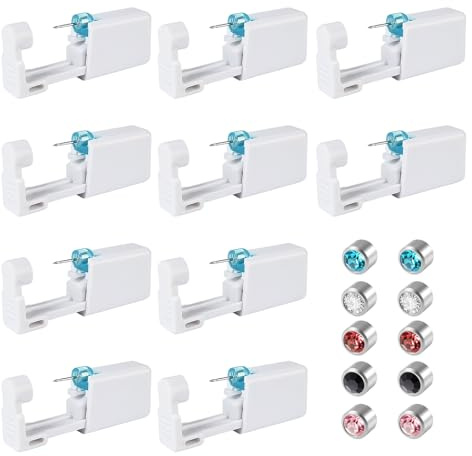 10 Piezas Pistolas Desechables para Piercing de Oreja, Pistolas Kitde Piercings, Seguras e Indolora Kit de Perforación de Orejas Estéril con Aretes para Mujeres y Hombres