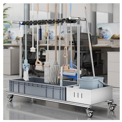 Mobile Mop and Broom Holder Cleaning Supplies Carts on Wheels Mop Bucket Garden Tool Organizer Broom Closet Storage Cabinet Mop Drain Rack Umbrella Stand for Home Garage Hospitals Housekeepi