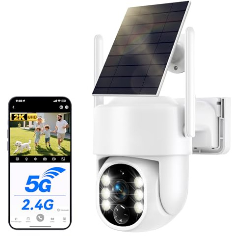 Solar Camera Outdoor Wireless, Solar Security Cameras Wireless Outdoor for Home Security, Battery Powered 5G WiFi Camera, Color Night Vision, 360° View PTZ, PIR Human Detection Alert, SD/Cloud Storage