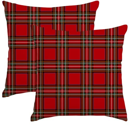 RABUSOFA Christmas Scottish Tartan Cushion Covers 45x45,Red Check Plaid Xmas Pillow Case Winter Holiday Decoration for Outdoor Sofa Bed Living Room Set of 2 Decor(Red, 45 x 45 cm (Pack of 2))