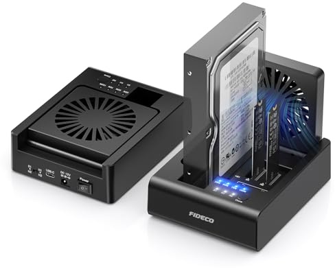 FIDECO M.2 NVMe SSD Cloner and Duplicator, 3-Bay Hard Drive Cloner Dock for M.2 NVMe SSD and 2.5/3.5 SATA HDD, Hard Drive Reader with Foldable Cooling Fan, Ultimate Heat Dissipation