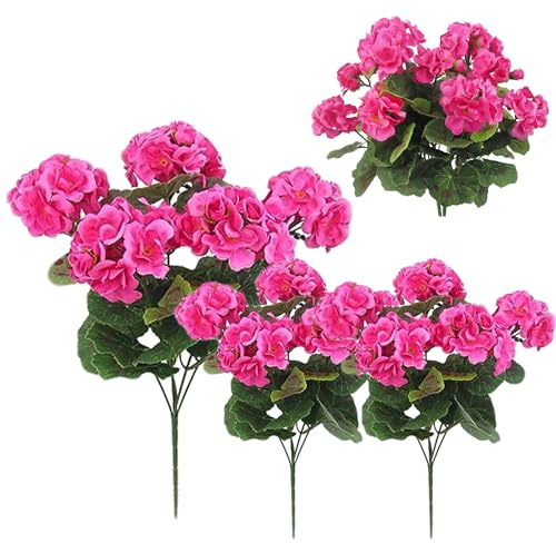 3 pezzi di gerani artificiali per esterni fiori artificiali in seta da 14 pollici per esterni fiore flessibile resistente ai raggi UV di lunga durata per la decorazione domestica di nozze rosa rossa