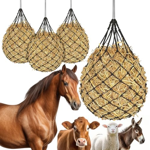 Zinueen heunnät för hästar, höhövhäst med flaskmaskigt 4 x 4 cm nät – 4 stycken heusack för hästar av slitstark nylon, minskar foderförlust och främjar interaktiv utfodring