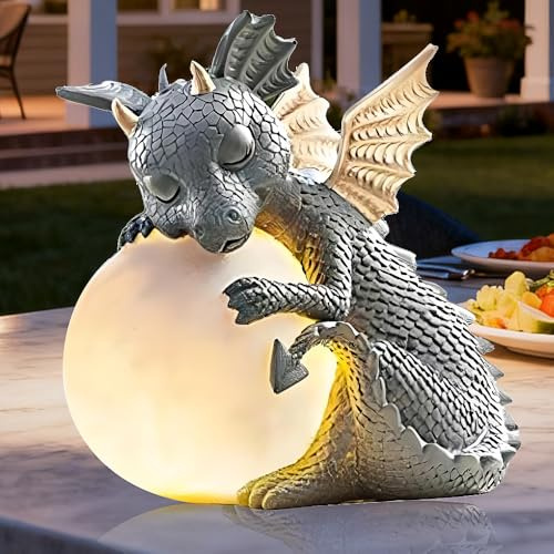 SKIKHN Escultura Decorativa de Dragón, Figura Decorativa Dragon, Adornos de Jardin Decoración, Figuras de Escultura de Dragón con Luz Redonda, para Jardín Balcón Patio Césped Terraza