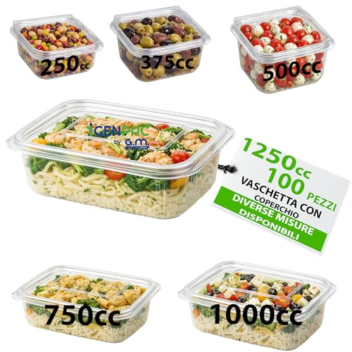 GM – 100 Vaschette Rettangolari Trasparenti 1250 cc in PET con Coperchio Unito, Contenitori Ermetici Idonei al Contatto Alimentare per Gastronomia, Banco Frigo e Pranzo Ufficio – 14,2×20,4×5h cm