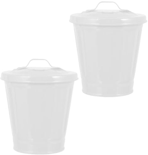 SUPVOX Lot de 2 Mini Poubelles de Bureau Blanches Couvercle, Pots Multifonctions en Métal Galvanisé, Poubelle de Table et Pot de Plante D’intérieur, Rangement Compact pour Maison