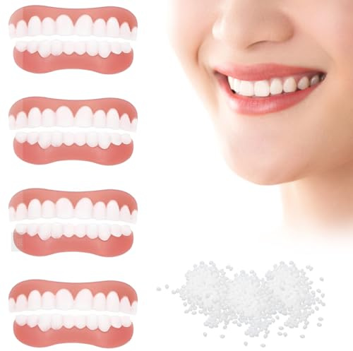 KAFZEL 2 Paia Denti finti da applicare da soli,Faccette Dentali Universali Superiore E Inferiore Provvisoria Finti Di Cattivi Denti Imperfetti,Con gel per la dentizione, Clip e istruzioni