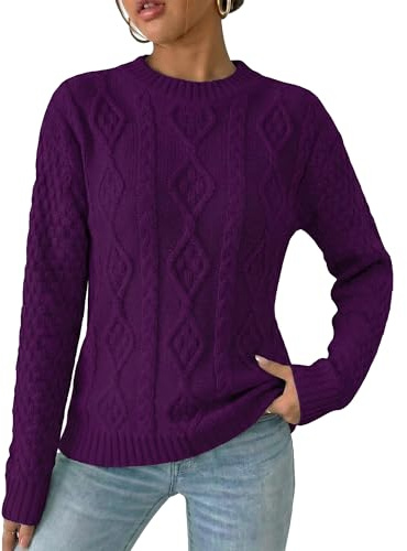Red Olives Ladies Womens New Chunky Diamond Cable Knitted Long Sleeve Sweater Pull Over Jumper Top (12/14, Purple)