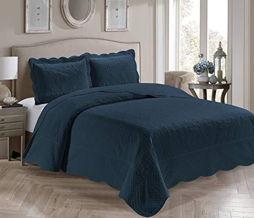 Home Linen 3 Piece Over Size Embossed Solid Coverlet Bedspread New # Veronica (Navy Blue, King/California King)