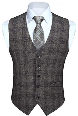 HISDERN Rutiga västar för män formell klassisk rutig väst bröllop vardaglig tartan kostym väst med fickor