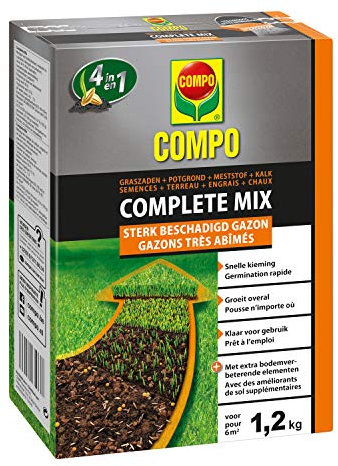 COMPO Complete Mix, bij een sterk beschadigd rasen, bestaat uit graszaden, potgrond, meststof en kalk, snelle kieming, groeit overal, voor 6m², 1,2kg