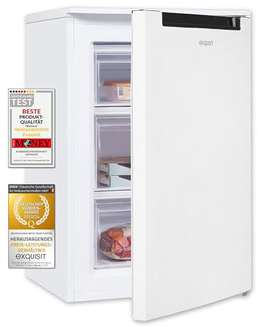 Exquisit congelador vertical, 87L, 4 estrellas, clase D, Color blanco, 3 cajones, método descongelación manual, termostato ajustable, puerta reversible, 40 db, consumo 132 kwh/año, 85,5x54,5x58 cm