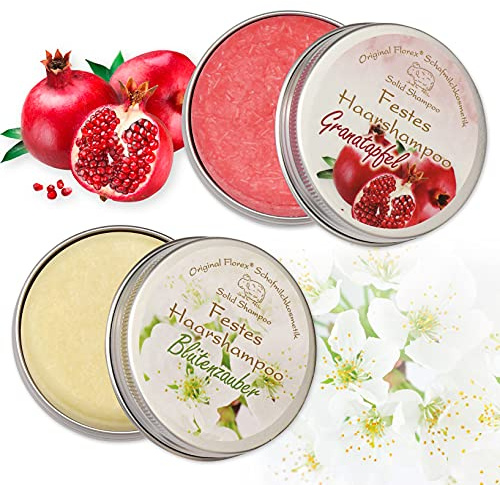 Festes Haarshampoo 2x58g, Granatapfel & Blütenzauber und Lemongras mit Schafmilch verpackt in einer Dose
