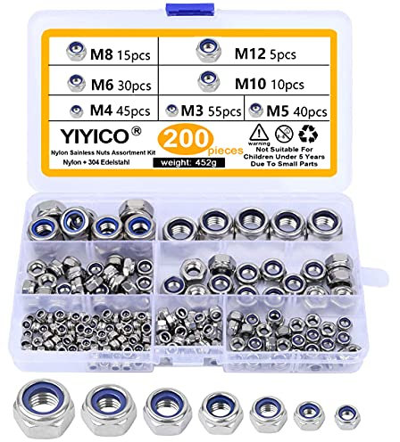 YIYICO Dadi Autobloccanti Dadi Esagonali Controdado Set 200pz Acciaio Inox Dadi di Bloccaggio Nylon M3 M4 M5 M6 M8 M10 M12 Controdadi Kit con Scatola di Stoccaggio