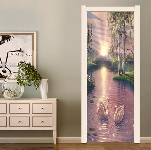 FLFK 3D Türtapete Selbstklebend TürPoster 77x200cm-Sonnenuntergang Fantasy Schwan Türaufkleber Abziehen und Aufkleben Mauer Aufkleber Zuhause Dekor(2 Stk/Set)