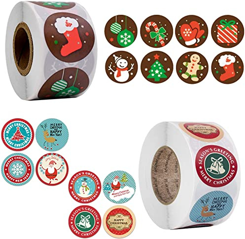 Tuofang Weihnachtsaufkleber Rolle, 1000 Stück Weihnachtsaufkleber, Rund Geschenk-Aufkleber, Weihnachtsgeschenke Sticker Etiketten, für Geschenktüten Papiertüten Weihnachtskarten (2.5cm)