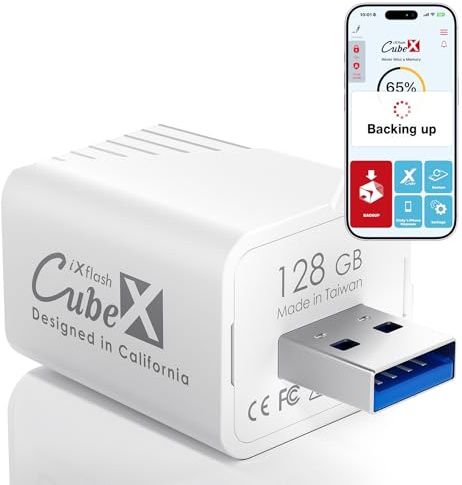Piodata iXflash Cube - Copia de seguridad automática de fotos mientras se carga, unidad flash USB de 128 GB para iPhone y iPad, Apple MFi USB 3.2 tipo A, cubo de datos, unidad de copia de seguridad