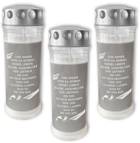 DOLORINO Grablicht 'Und immer sind da Spuren Deines Lebens' | 3er Set | 7-Tage Brenner | deutsche Qualität
