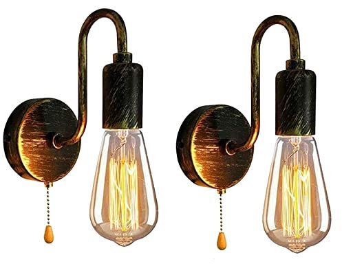 2 Stücke Innen Wandleuchte mit Schalter Retro Industrial Wandlampe E27 Schwarz Wandbeleuchtung mit Zugschalter Bronze Metall Vintage Lampe Leseleuchten Nachttischlampe für Schlafzimmer Wohnzimmer Loft