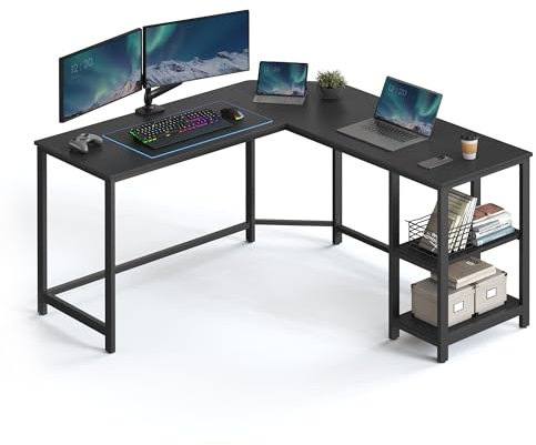 VASAGLE Schreibtisch, L-förmiger Computertisch, 138 x 138 x 76 cm, Eckschreibtisch mit 2 Ablagen, platzsparender Bürotisch, Gaming, Homeoffice, einfacher Aufbau, schwarz mit Holzmaserung LWD072B56