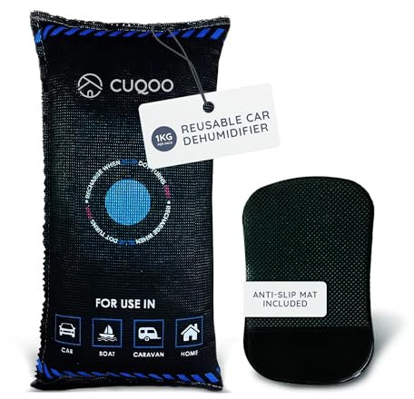 CUQOO Sac déshumidificateur réutilisable de 1 kg pour intérieur de voiture – Absorbeur d'humidité pour voiture avec tapis antidérapant de montage sur tableau de bord | Paquets réactivés rapidement au