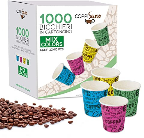 COFFISANO 1000 vasos de café de papel, 75 ml, desechables, de colores, surtidos, biodegradables, compostables, vasos pequeños desechables para bebidas de té expreso
