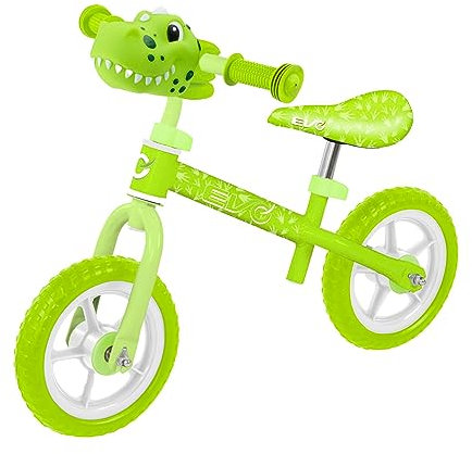 EVO Kinder-Laufrad, Kleinkind Trainingsrad Grün Dinosaurier mit Verstellbarer Sitzhöhe, leichtes Balance Bike, Trainingsrad für Jungen & Mädchen ab 2 Jahren.