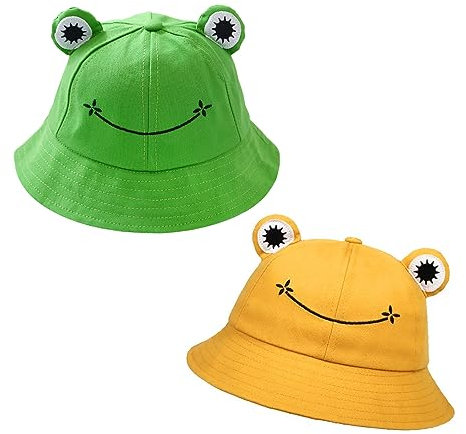2 Stück Frosch-Fischerhüte, Eimer-Sonnenhüte, Faltbare Outdoor-Eimerhüte Mit Breiter Krempe, Strand-Sonnenhüte Für Männer Und Frauen, Niedliche Froschhüte Für Erwachsene, Kinder (Grün + Gelb)