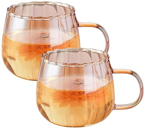 Lot de 2 tasses à café en verre transparent avec poignées - Motif citrouille - 350 ml - Avec poignées - Pour latte, cappuccino (doré)
